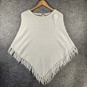 KIKIT Maurice Sasson White Knit Fringe Poncho Mohair Like Floral One Size Womens